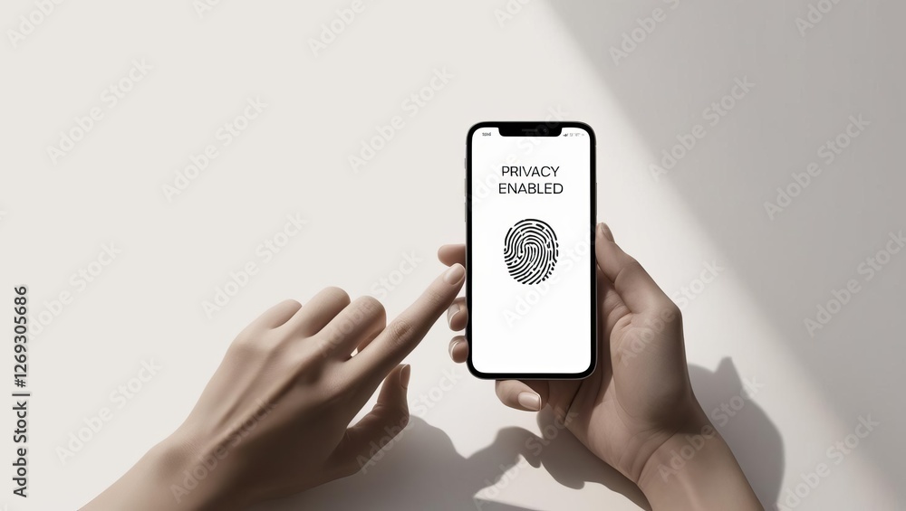 Poster a hand interacts with a smartphone displaying a fingerprint icon, indicating biometric security is e