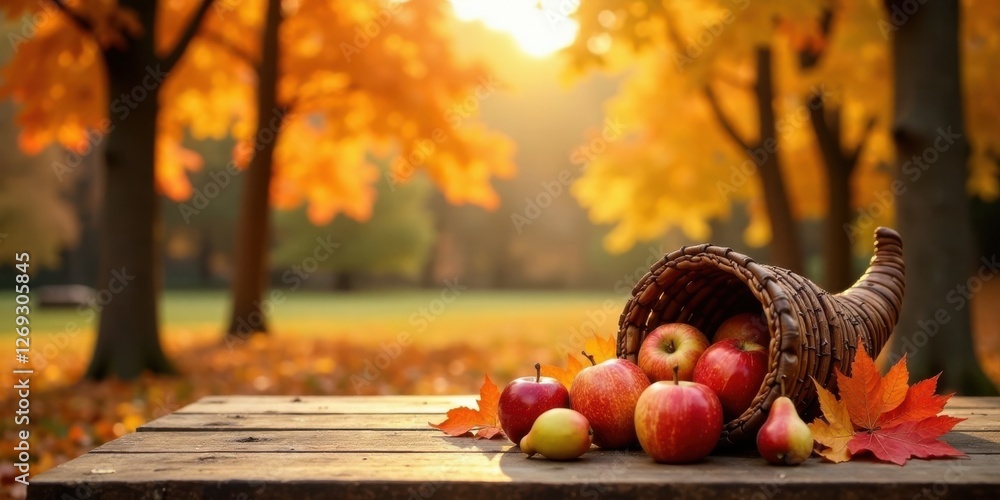 Aufkleber Autumn Abundance A Rustic Wooden Table Display Featuring a Cornucopia Overflowing with Ripe Apples and Pears, Nestled Amongst Vibrant Fall Foliage
