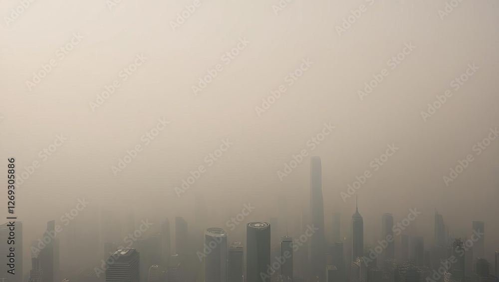Poster a hazy skyline obscured by pollution, showcasing tall buildings barely visible through a thick layer