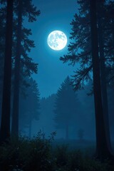 A bright full moon shines down on a misty forest at night, trees, humidity, forest