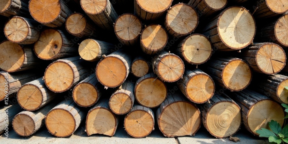 Poster stack of neatly arranged timber logs, showcasing the concentric rings and natural texture of the woo