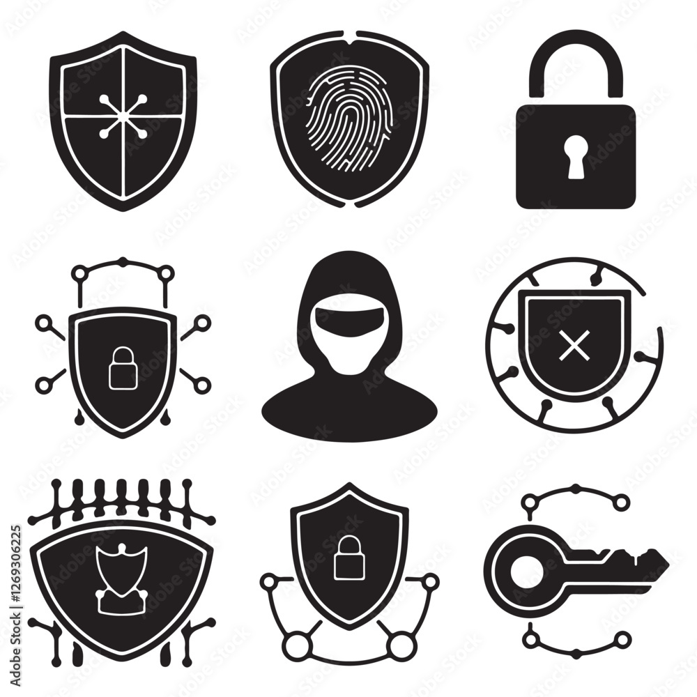 Fototapete Futuristic silhouette icons for cybersecurity and digital privacy, including a shield, fingerprint scan, padlock, hacker figure, firewall, and encryption key. Ideal for tech-related graphics
