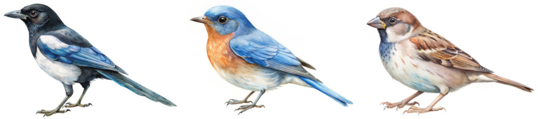 Colorful bird illustrations, realistic details, vibrant feathers, nature art, wildlife depiction, educational purpose, artistic style.