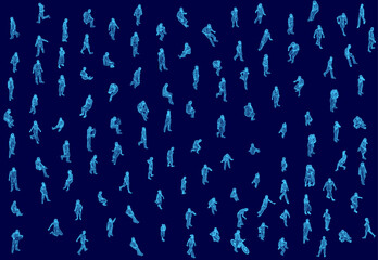 A blue background with many people in various poses. The people are all wearing blue and are scattered throughout the image. Scene is lively and energetic