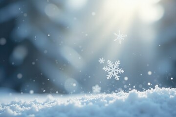 Fototapeta premium Delicate snowflakes suspended in mid-air against a soft gray abstract background, serene atmosphere, snowy mist, delicate flakes