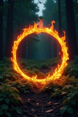 Dense foliage surrounding a glowing fire ring, ring, light, foliage