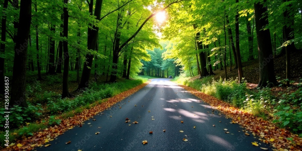 Poster sunlit pathway through verdant canopy a serene drive in a lush forest