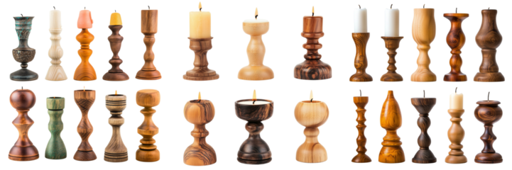 Set of Elegant wooden candle stands arranged on a rustic wooden table with soft ambient lighting on transparent png background. Ai generated