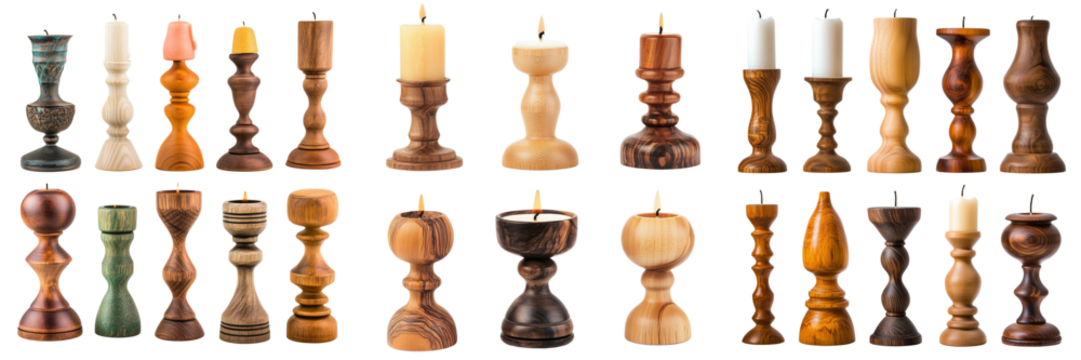 Set of Elegant wooden candle stands arranged on a rustic wooden table with soft ambient lighting on transparent png background. Ai generated