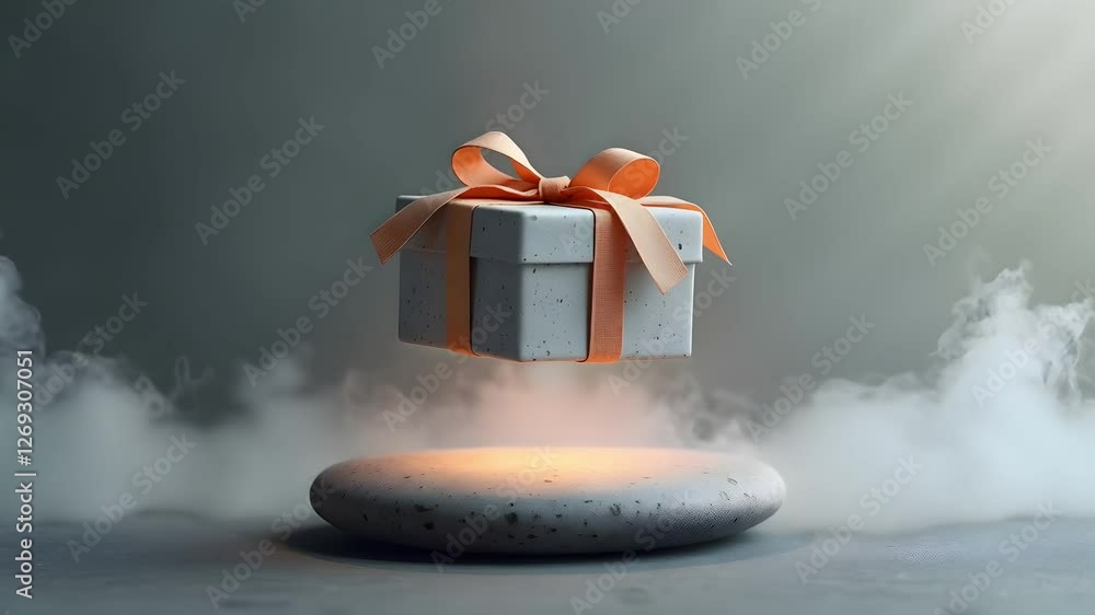 Aufkleber a floating gift box with an orange ribbon hovers above a smooth stone platform surrounded by soft mi