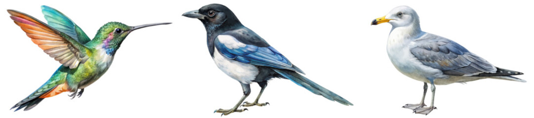 Colorful bird illustrations, vibrant hummingbird, detailed black and white bird, realistic seagull depiction.