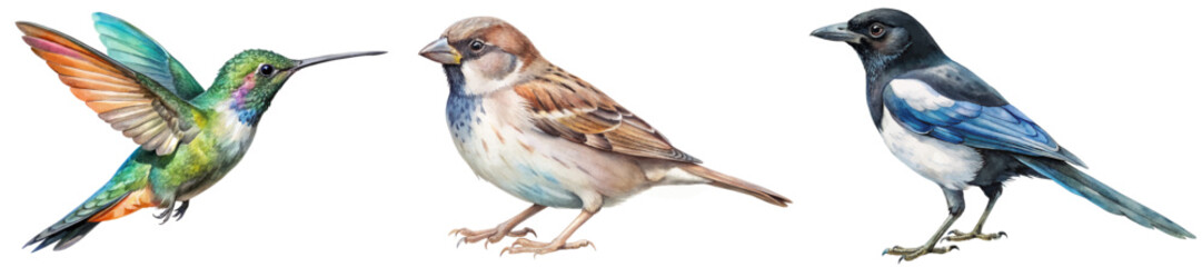 Colorful bird illustrations, realistic style, wildlife art, nature scene, educational purpose, vibrant feathers, detailed anatomy.