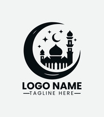 Mosque and Crescent Logo Design, Islamic Mosque Logo, Muslim Community Logo, Spiritual Center, Islamic Architecture