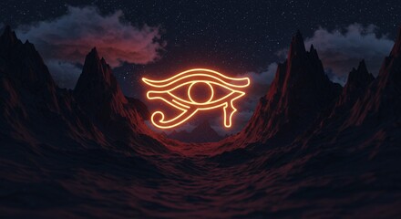 An ethereal glowing symbol illuminates the dark mountains under a starry night sky, invoking a sense of mystery and wonder