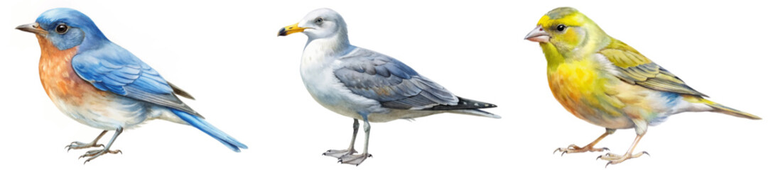 Colorful bird illustrations, realistic wildlife art, nature-inspired design, perfect for educational materials, wall decor.