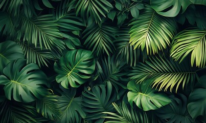 A lush tapestry of tropical foliage featuring vibrant green palm leaves and monstera creating a dense jungle backdrop with a sense of depth and natural beauty