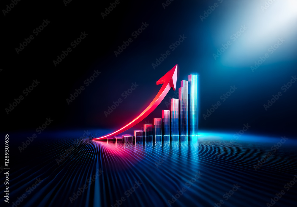Aufkleber A vibrant red arrow ascends over a bar graph against a dark backdrop illuminated by blue and red light, symbolizing progress and upward trends.