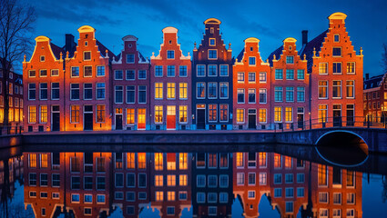 Fototapeta premium Traditional dutch houses reflecting on canal at dusk with illuminated windows