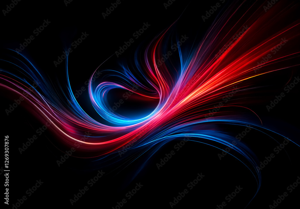 Poster Abstract vibrant streaks of red and blue light flow and swirl dynamically against a dark backdrop, creating an energetic and modern design.