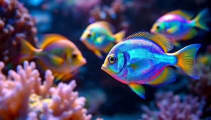 Fototapeta premium Vibrant Tropical Fish Swimming in Coral Reef Aquarium Environment