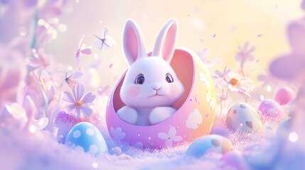 Obraz premium A cute Easter bunny inside an open, colorful egg with flowers and eggs around it.