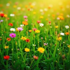 Fototapeta premium Rainbow-colored flowers in a field of tall grass, grass, nature, fields