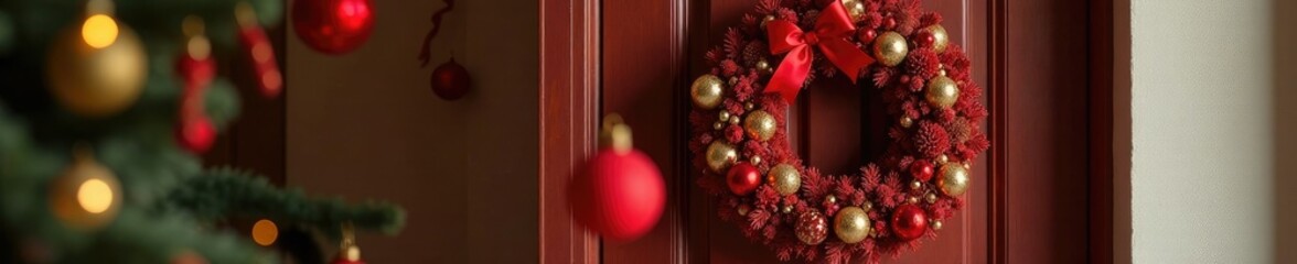 Red and gold Christmas wreath on a wooden door with a bow, decorations, gold, entryway