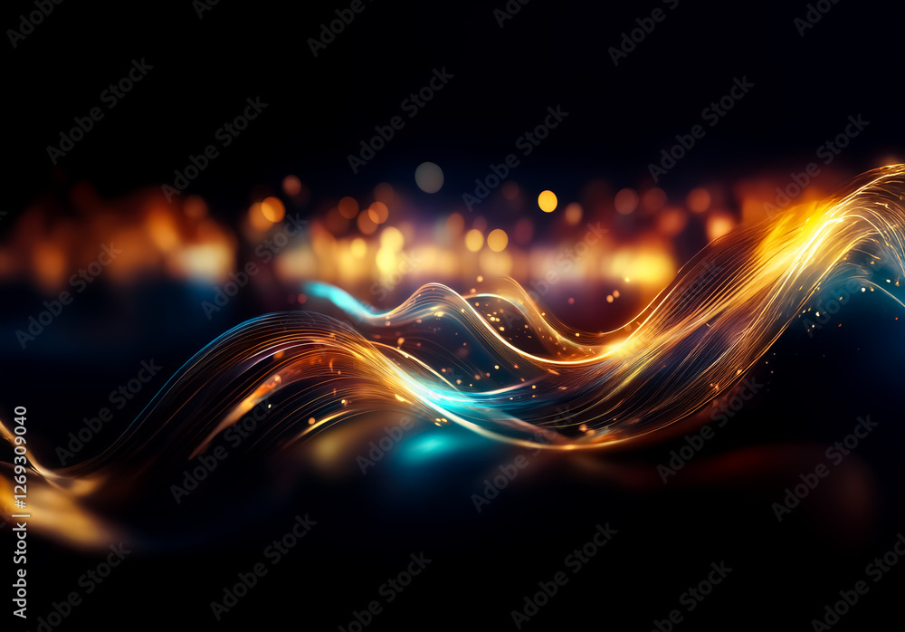Aufkleber Abstract flowing light streaks in gold and blue, illuminated against a dark backdrop with soft bokeh circles. Dynamic, vibrant, and modern design element.