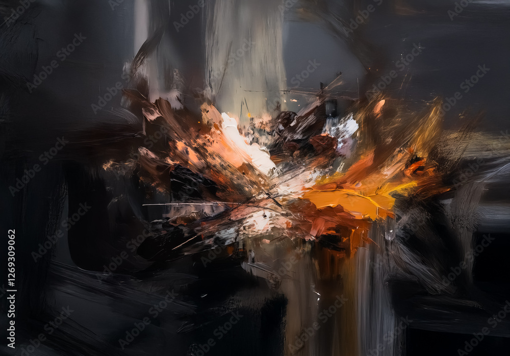 Leinwandbilder abstract artwork featuring a central explosion of warm colors like orange and yellow against a dark,