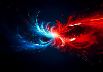 Obraz premium Dynamic swirling blue and red light create an abstract energy explosion. Cool and warm colors meet in a vibrant, fiery display on a dark background.