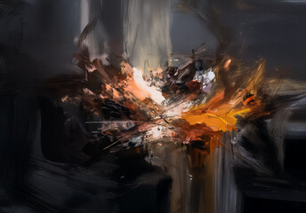 Abstract artwork featuring a central explosion of warm colors like orange and yellow against a dark, moody background. Dynamic brushstrokes create a sense of movement.
