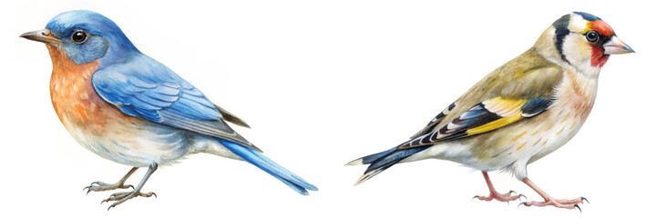 Colorful birds illustration, detailed watercolor style, nature art, wildlife depiction, educational purpose, avian beauty.