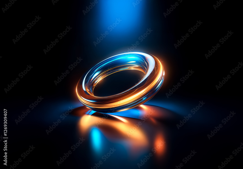 Aufkleber shiny torus with blue and orange light reflections on a dark surface. abstract and modern design wit