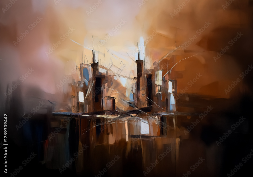 Poster abstract painting of a cityscape silhouette in brown and beige tones. brushstrokes create depth and 