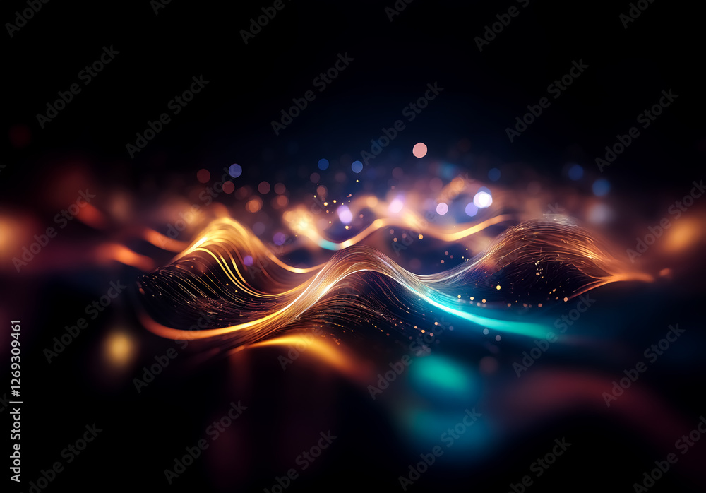 Poster abstract luminous waves flow, blending orange, yellow, and blue against a dark backdrop. bokeh effec