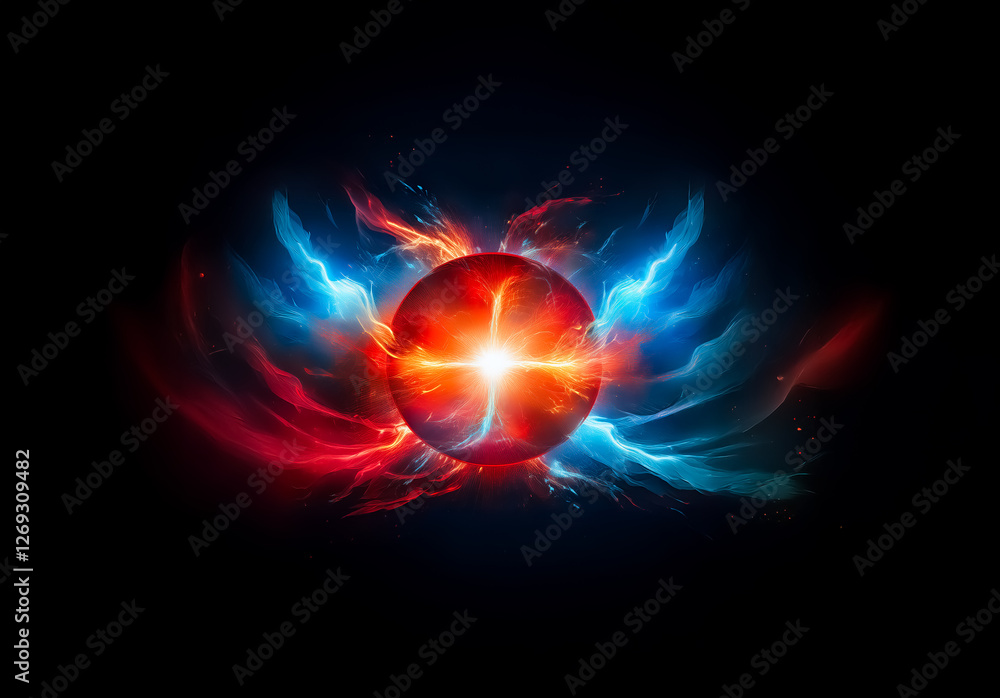Leinwandbilder a vibrant sphere of light is encircled by dynamic swirls of red and blue energy against a stark blac