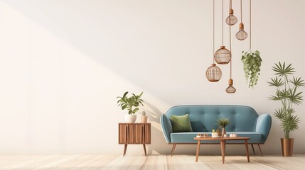 Stylish Living Room with Green Sofa and Hanging Shelves