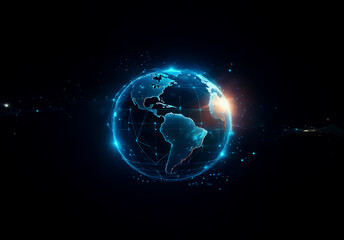 Fototapeta premium Glowing blue globe, illuminated against a dark backdrop, showcases continents and a network of connections, suggesting a digital and global world.