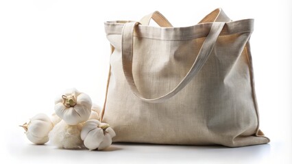 Obraz premium Tote Bag with Garlic Bulbs on White Background