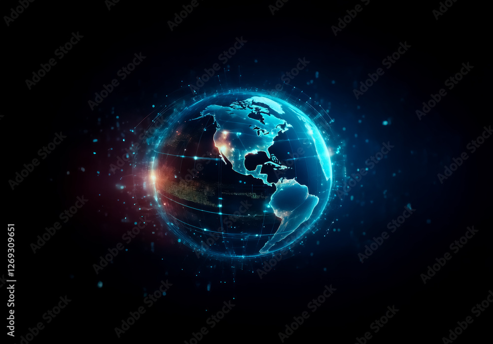 Poster a digital globe with glowing network connections is displayed over a dark backdrop. bright lights an