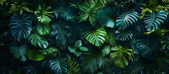 Lush green palm leaves create a dense tropical foliage background with vibrant textures and a sense of depth perfect for evoking a natural exotic and summery vibe in designs