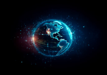 Fototapeta premium A digital globe with glowing network connections is displayed over a dark backdrop. Bright lights and lines symbolize global communication and modern technology.
