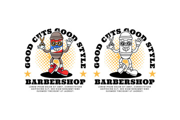 barber pole lamp retro cartoon character mascot illustration collection set with standing pose, holding hair cutting scissors and waving hand for hair cut and shave barbershop mascots and merchandise