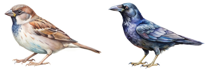 Colorful birds illustration, detailed wildlife art, sparrow and crow, nature-inspired design, educational purpose.