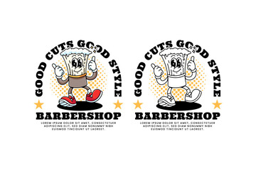 barber brush with shaving cream retro cartoon character mascot illustration collection set with dancing pose and showing thumb hands for hair cut and shave barbershop mascots and merchandise
