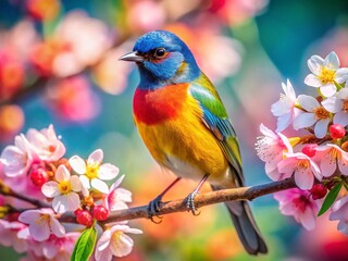 Fototapeta premium Vibrant Bird on Blossom Branch - Stunning Aerial Drone Shot