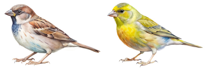 Colorful birds illustration, detailed wildlife art, nature-inspired design, perfect for educational materials, vibrant color palette.