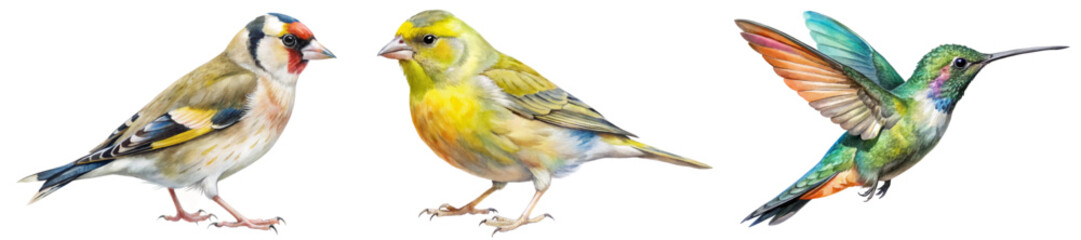 Colorful birds illustration, detailed wildlife art, vibrant nature depiction, realistic animal representation, educational purpose.
