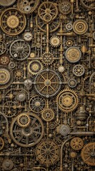 Steampunk-inspired industrial pattern with gears, cogs, and other machinery elements, sci-fi, clockwork mechanisms, gearwork