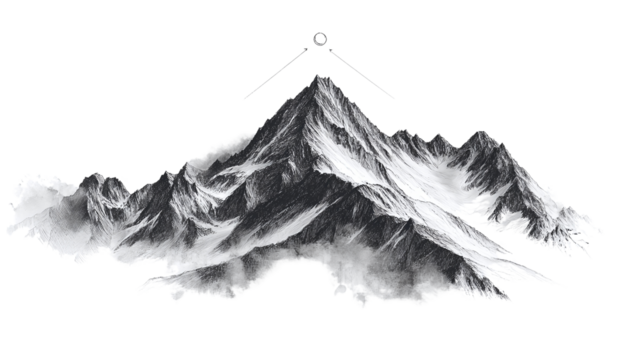 a detailed pencil sketch of a majestic mountain peak. The mountain is depicted in a minimalist style, with the focus on the powerful silhouette of the peak and the surrounding landscape.